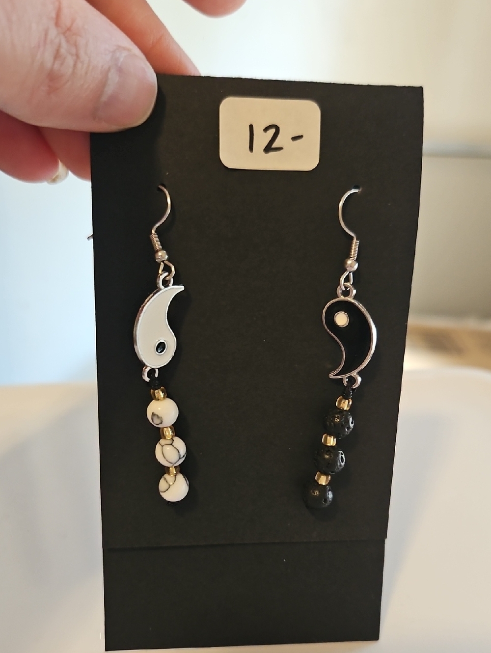 Yin Yang Dangle Earrings with Black and White Beads